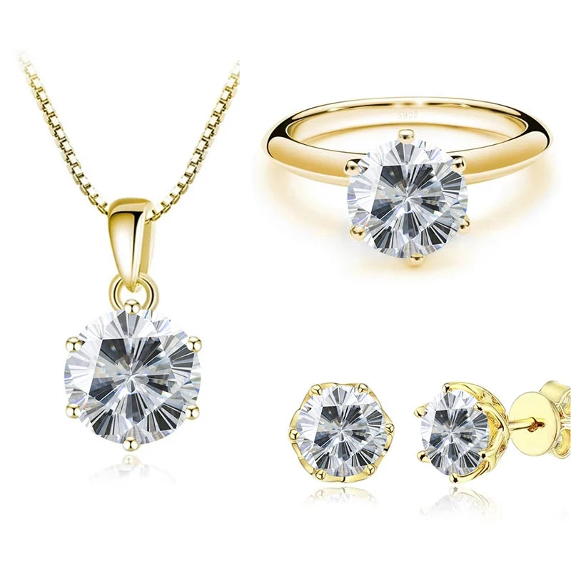 JoyceJelly 1Carat Moissanite Jewelry Set For Women Sterling S925 Silver Gold Plated Necklace Earrings Ring GRA Certified Wedding