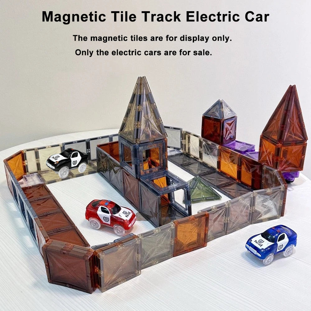 Track Car Special Magnetic Building blocks Tiles Accessories, Electric Glowing Vehicle Set with Jeep Police Car Children's Toys