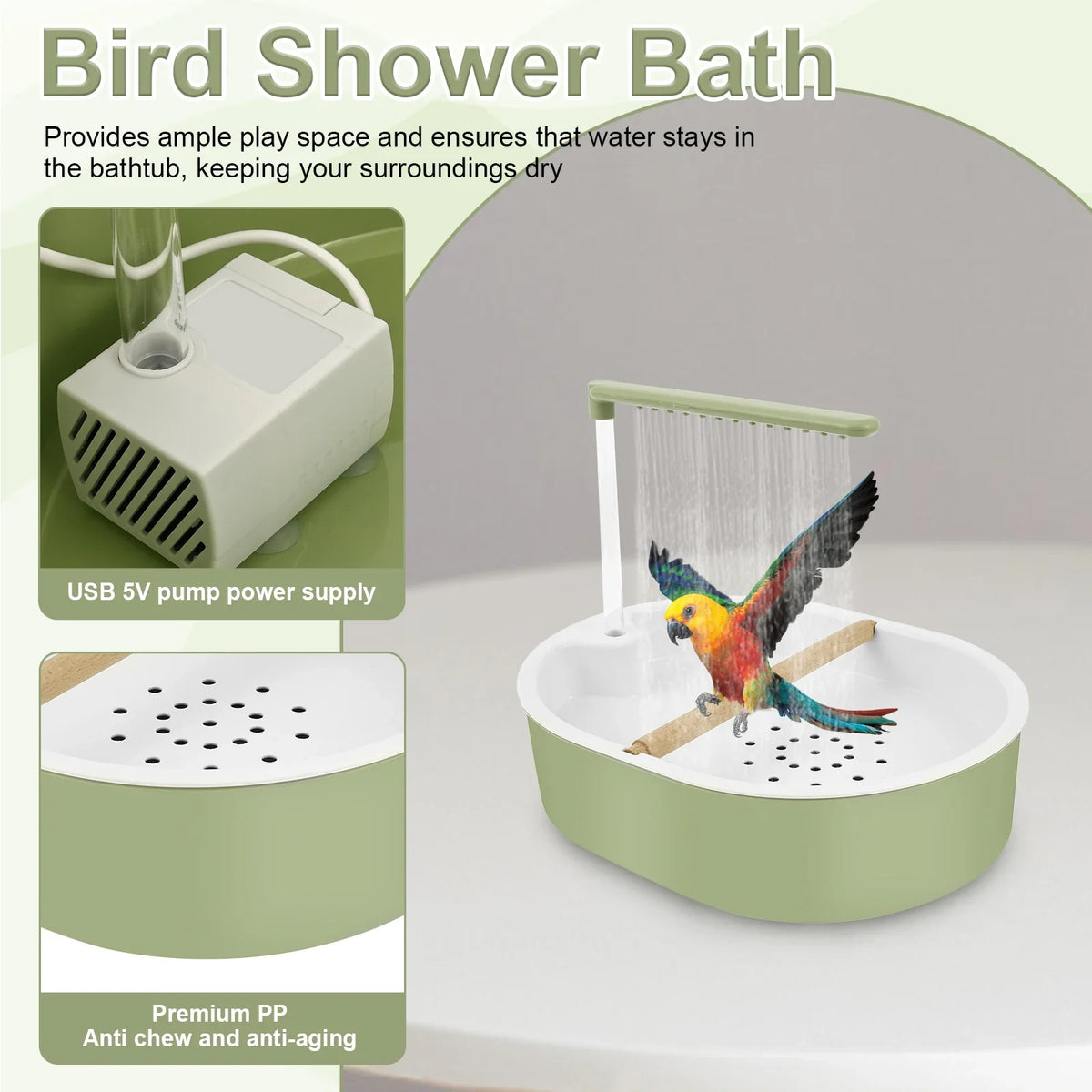 Bird Shower Bath Generous Capacity USB Electric Circulating Water Bird Bathtub for Lovebird Cockatiel Finches Cockatoo Conure