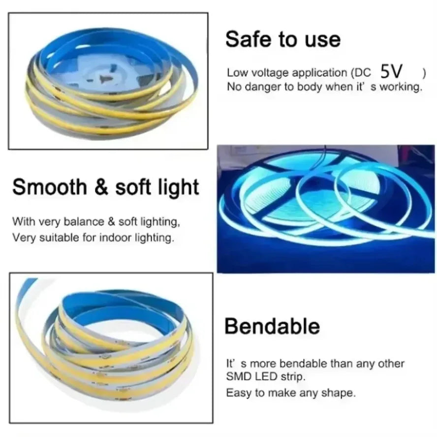 Dimmable 5V USB 5m COB LED Strip Light with Hand Scan Dimmable Touch Sensor Switch Push Switch Room TV Background Decoration