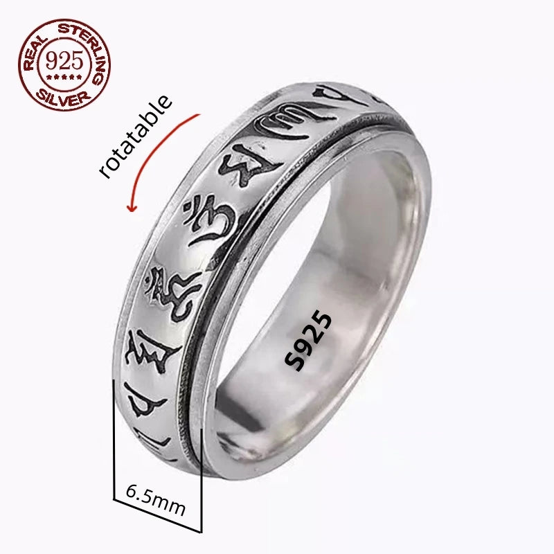 Rotatable S925 Sterling Silver Ring for Men  Vintage Retro Stars Auspicious Cloud Couple Band Women Index Finger Accessories