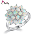CiNily Luxury White Round Fire Opal Ring 925 Sterling Silver Flower Bloom Plant Big Ring Wedding Party Fashion Jewelry for Women