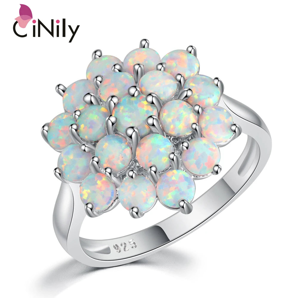 CiNily Luxury White Round Fire Opal Ring 925 Sterling Silver Flower Bloom Plant Big Ring Wedding Party Fashion Jewelry for Women