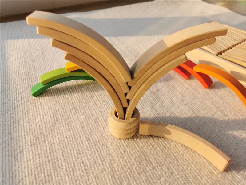 New Beech Wood Arch Stacking Blocks Rainbow Bending Wooden Building Timber Toys Set for Kids Creative Play