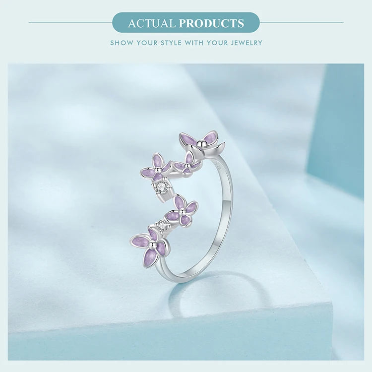 Bamoer 925 Sterling Silver Original Blue Butterfly Ring Lilac Flower Earrings for Women Jewelry Set Anniversary Engagement Gift