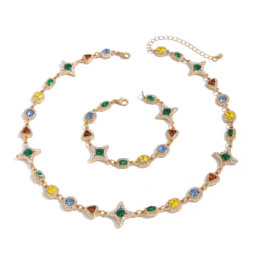 Ingemark Boho Luxury Colorful Crystal Chain Necklace Bracelet for Men Exquisite Creative Adjustable Link Couple Jewelry Set New