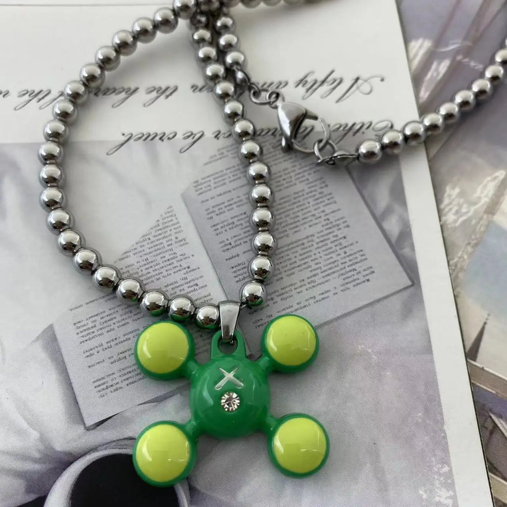 Fashion Stainless Steel Round Bead Chain Quadangle Ball Pendant  For Men Women Personality Niche Design Sense Necklace Gift