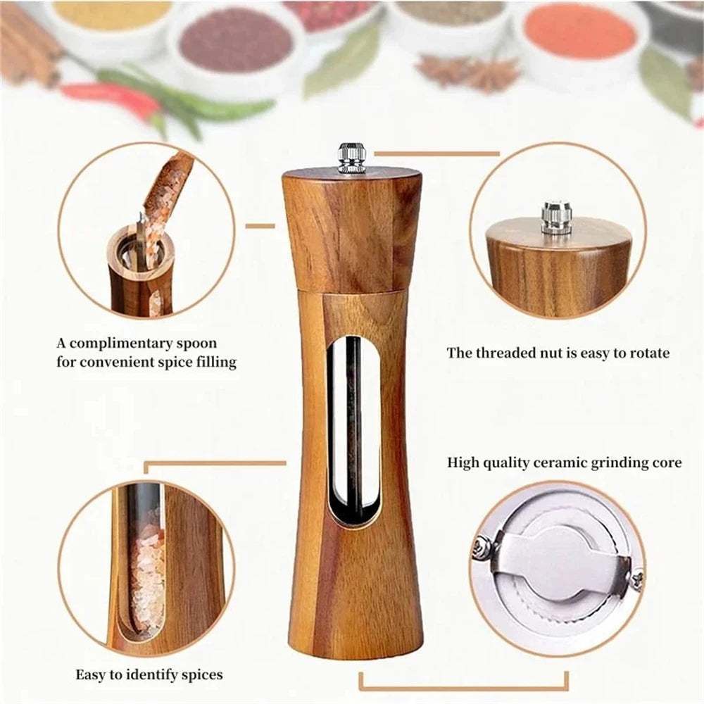 1/2PCS, Wooden Pepper Grinder Salt Pepper Mill Grinding Adjustable Spice Salt Grinder Kitchen Cooking Tools Kitchen Stuff