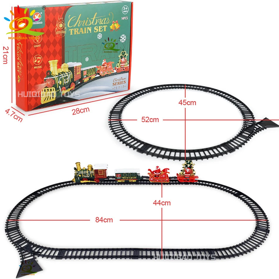 HUIQIBAO Christmas Tree Electric Train Tracks Set Santa Claus Cargo Cars With Xmas Sounds Lights Toys For Adult New Year Gift
