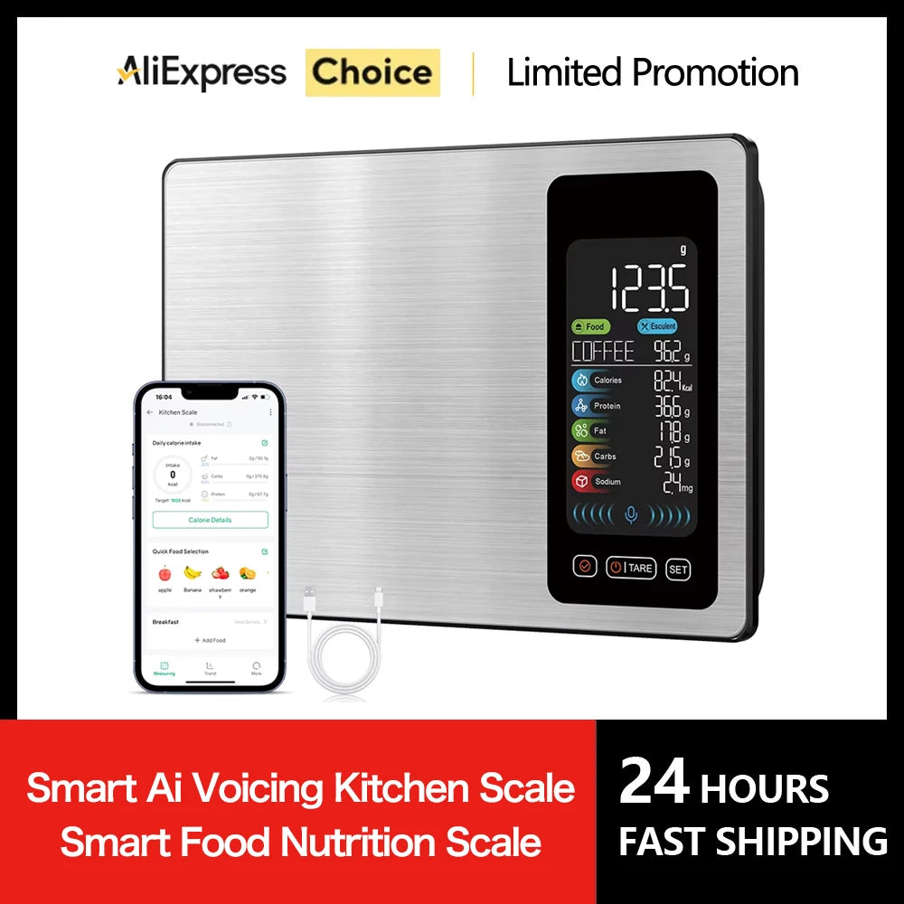 Smart Kitchen Scale Stainless Steel Food Calorie Protein Fat Carbs Nutritional Calculator 11LB/5kg Weight for Healthy Cooking