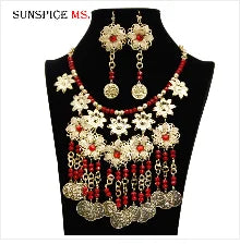 Arabic Jewelry Sets Morocco Choker Necklace Dangler Earring Bracelet Ring Gold Color Ethnic Women Charm Bijoux