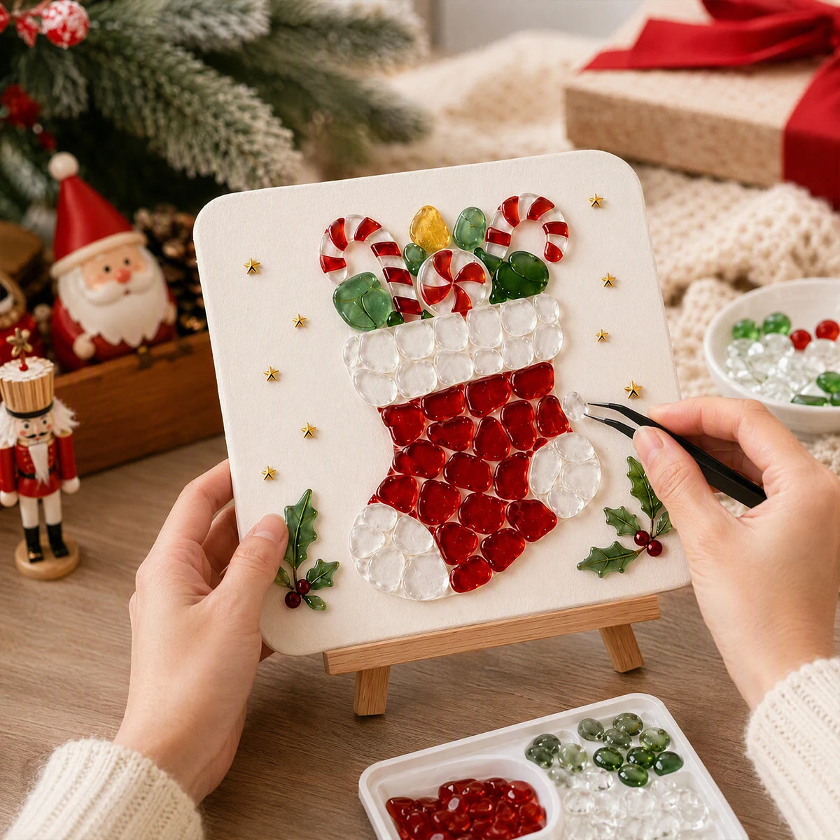 Holiday Mosaic Decoration DIY Kit Christmas Reindeer Sea Glass Art Craft Set with Tweezers Stand Complete Tools