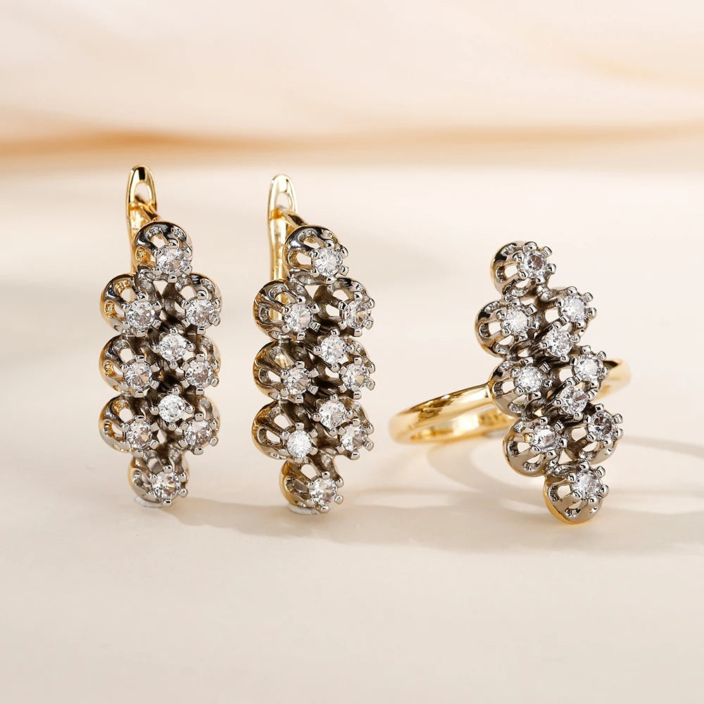 Zircon ladies vintage earrings ring set copper plated 14K gold fashion luxury jewelry party gift banquet holiday gift gift