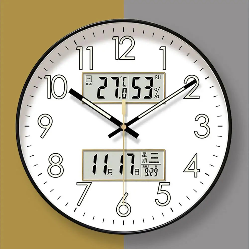 Non Ticking Wall Clock Round Wall Clock Glow In Dark Home Decor Featuring Calendar 10/12/14 Inch Large Digital Display Night