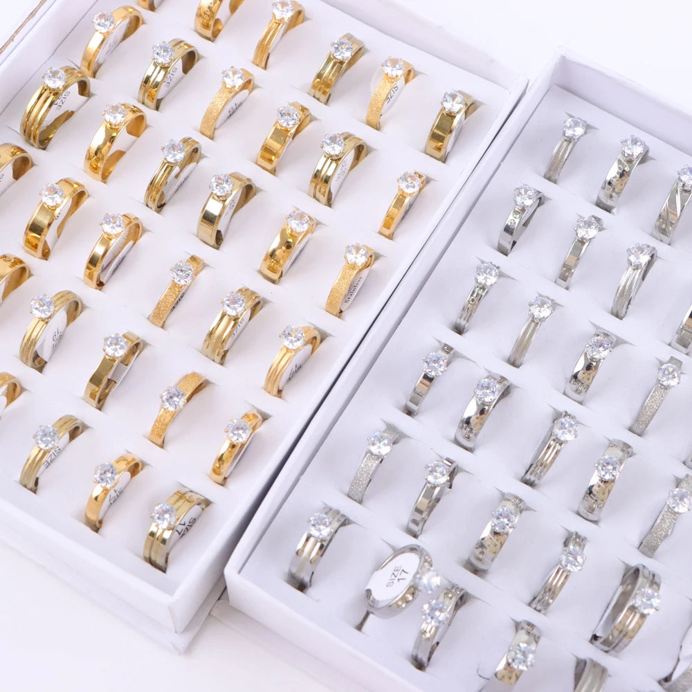 10/20/30/50Pcs/Lot Fashion Elegant Inlaid Stainless Steel Ring With Rhinestone High-end Women's Proposal Engagement Jewelry Gift