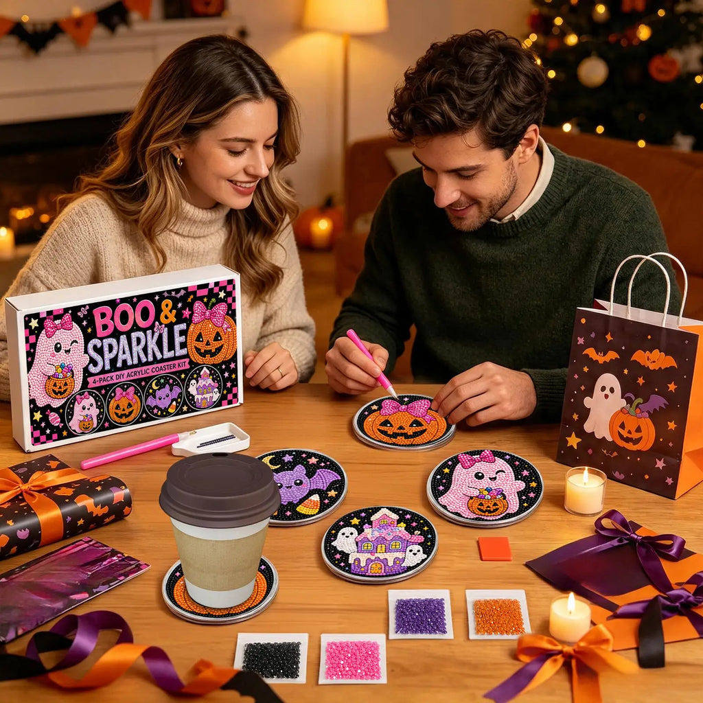 Halloween Pearl Painting Bead Kit DIY Ghost Witch Non-Slip Coaster Making Pearl Art Craft For Adults Beginners Party Holiday
