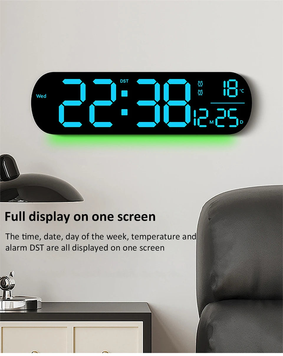 LED Luminous Digital Wall Clock With Remote Control Ambient Lights 14'' Creative RGB Alarm Clock  Date Temp Display  Home Decor