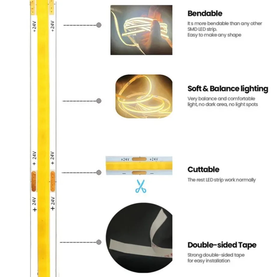 DC 12V 24V COB Strip 320Leds/480LedsM High Density RA90/RA95 Pink Yellow Ice Blue Red Green Flexible Ribbon Rope FOB LED Light