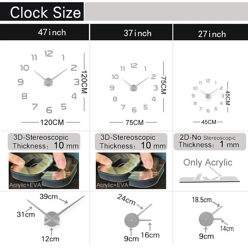 Fashion 3D Big Size Wall Clock Mirror Sticker DIY Brief Living Room Decor Meeting Room Wall Clock