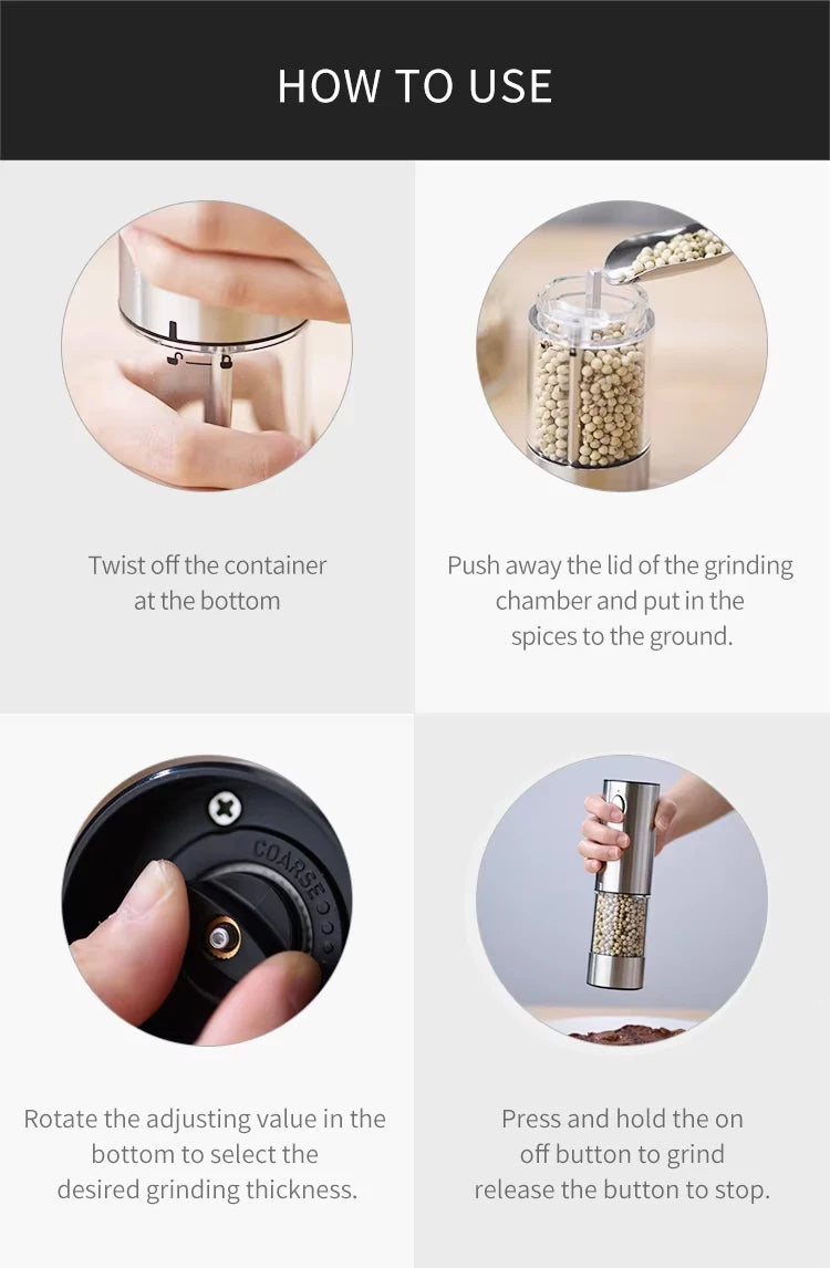 USB Rechargeable Automatic Pepper Grinder Salt And Pepper Mill Adjustable Coarseness Spice Grinder with LED Light for Kitchen