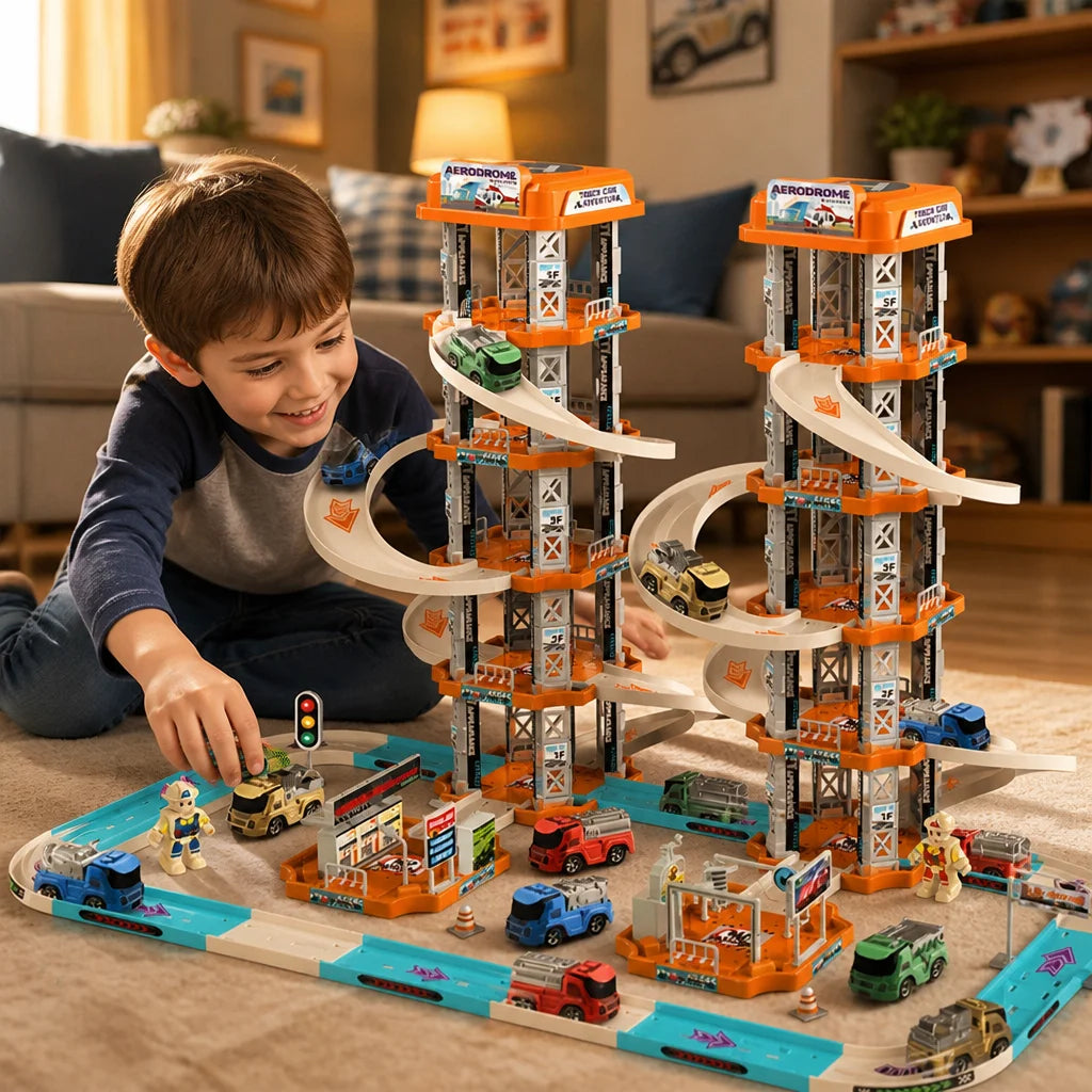 Boys' large five story parking lot toy, children's rail car toy set, suitable for boys' birthday gifts (random color)