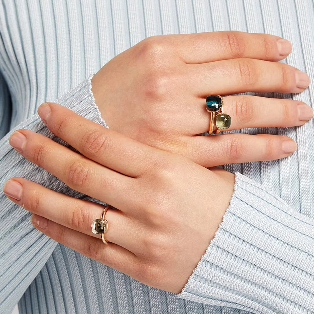 Colorful Crystal Nude Ring for Women 18K Gold Plated Stainless Steel Candy Color Square Stone Statement Rings Jewelry Gift