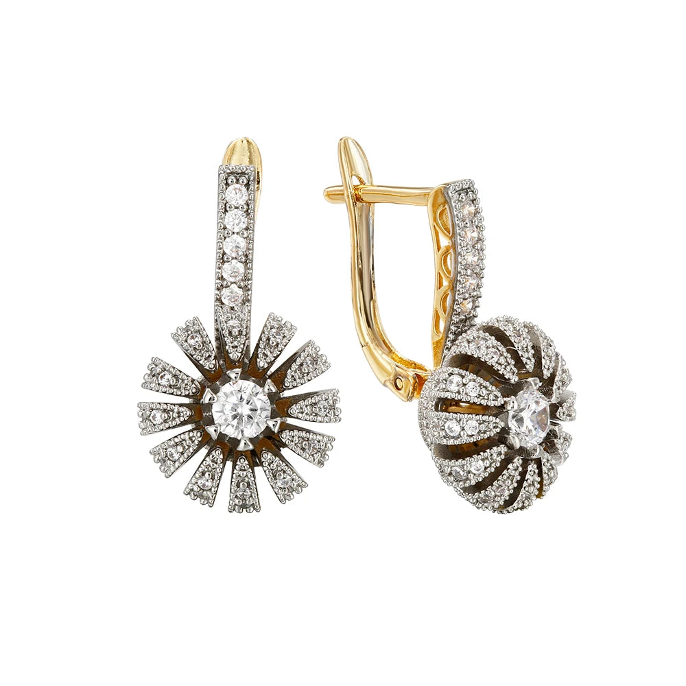 Petal Design Inlaid Synthetic Zircon Ring Earrings Ring suit Copper Plated 14K Gold Retro Fashion Jewelry Banquet Gift
