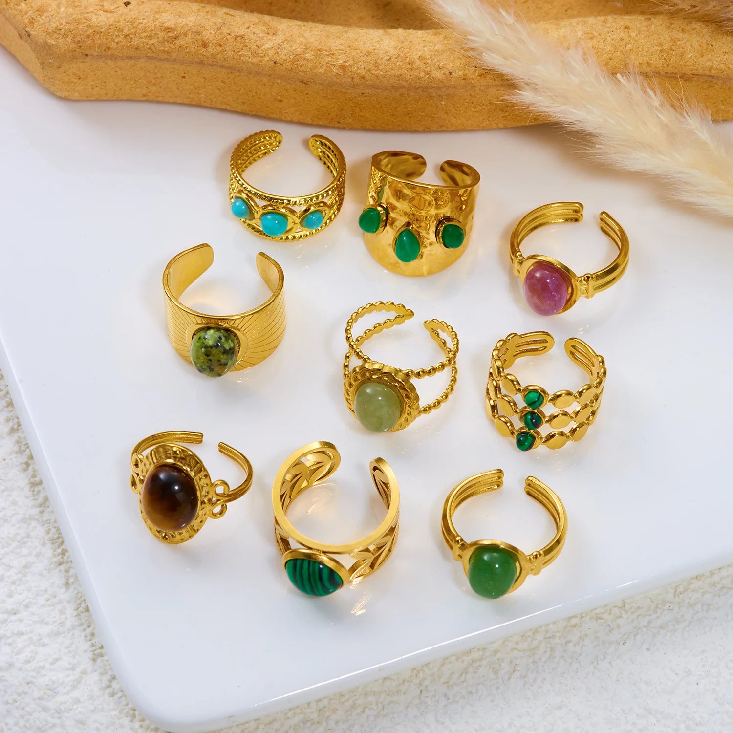 Stainless Steel French Vintage Ethnic Color Gemstone Ring for Women Punk Personality Stackable Open Finger Ring Hand Jewelry