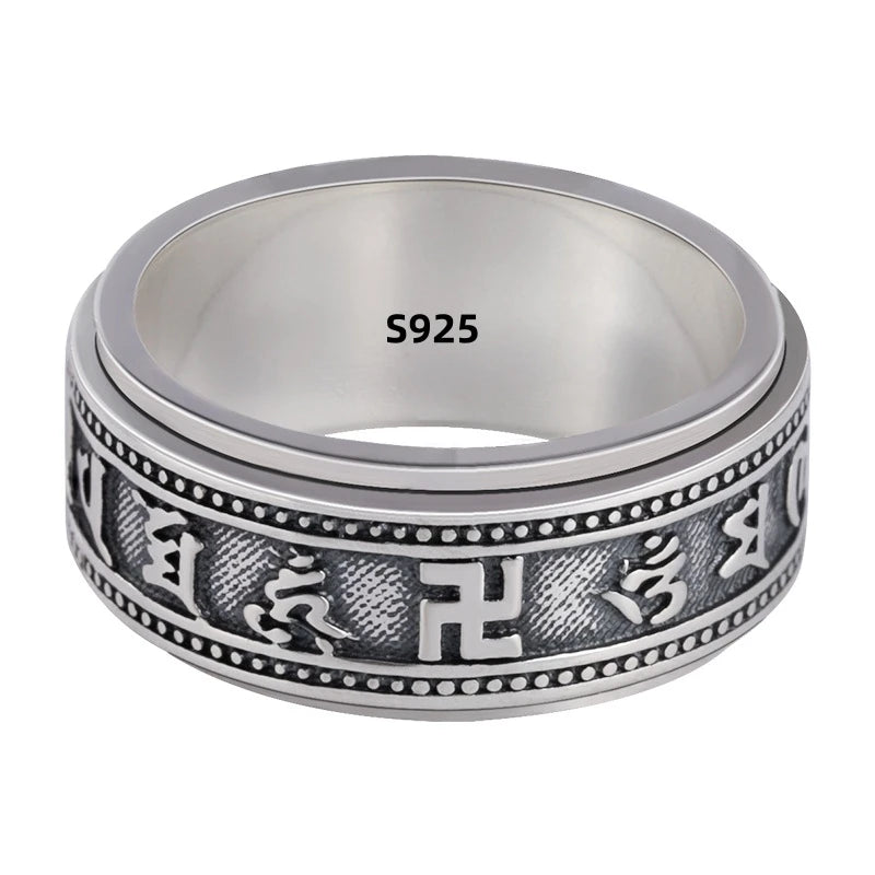 S925 Sterling Silver Ring Men Women Retro Buddhist Six-Character Great Mantra Ring Male Female Amulet Jewelry Exquisite Gift