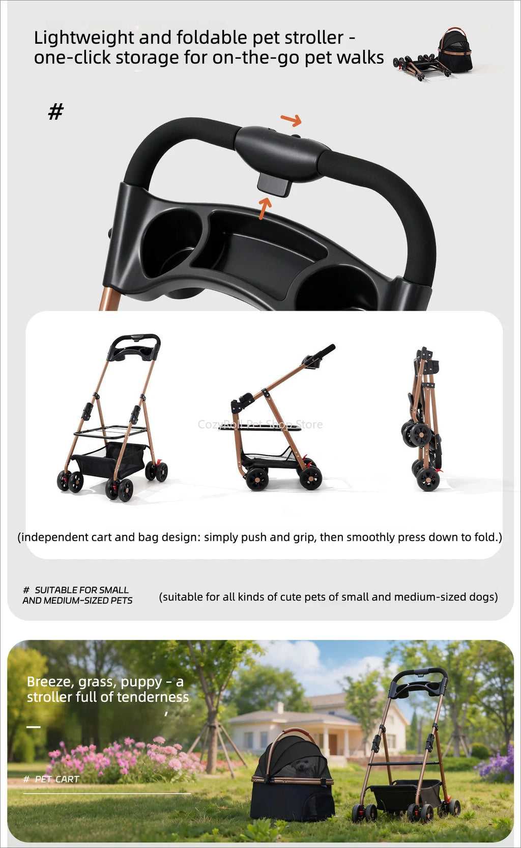 Lightweight Small Pet Stroller for Dogs & Cats 50 Lbs Capacity Aluminum Alloy Puppy Stroller with Detachable Storage Basket