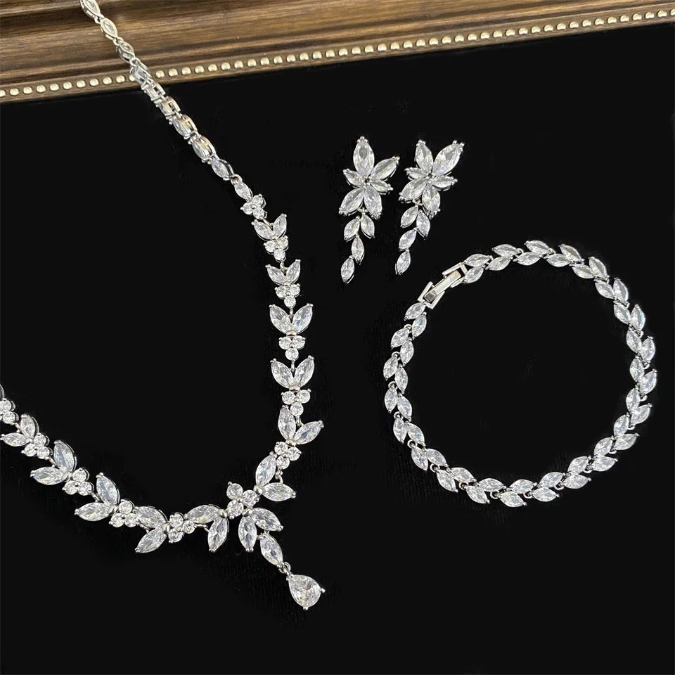 ZAKOL Luxury Cubic Zirconia Necklace Earrings Rings Set for Women Shinny Water Drop Leaf CZ Bridal Wedding Jewelry Sets