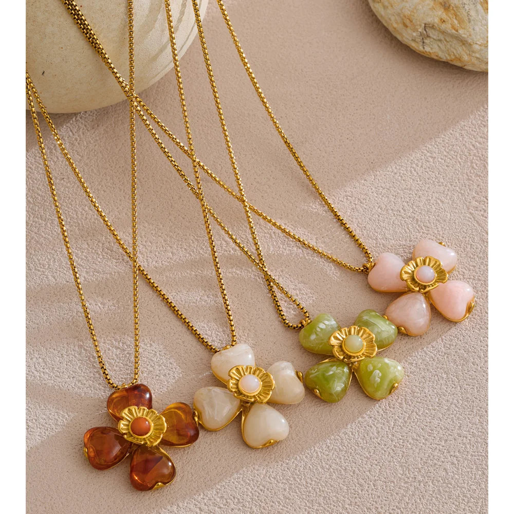 Yhpup Hot Style Acrylic Flower Pendant Necklace Earrings Ring Set for Women Stainless Steel Exquisite Jewelry Wholesale