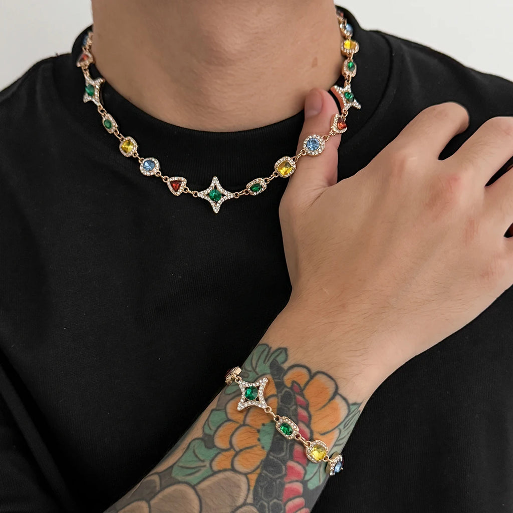 Ingemark Boho Luxury Colorful Crystal Chain Necklace Bracelet for Men Exquisite Creative Adjustable Link Couple Jewelry Set New
