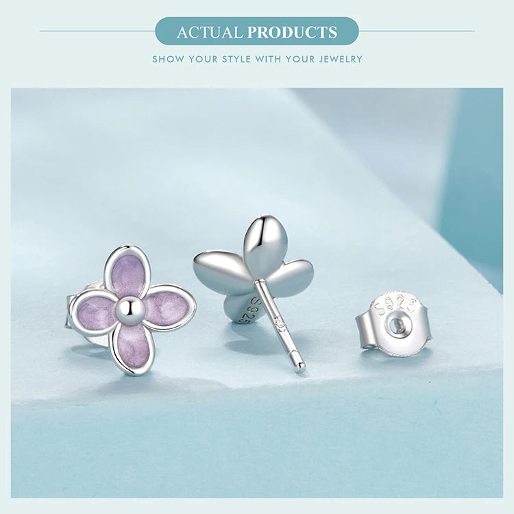 Bamoer 925 Sterling Silver Original Blue Butterfly Ring Lilac Flower Earrings for Women Jewelry Set Anniversary Engagement Gift
