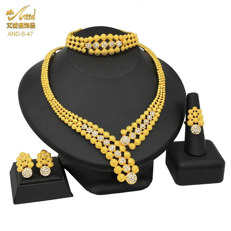 ANIID African Jewelry Set Big Necklace Dubai Ethiopian Gold Color Jewelery Earring Bracelet For Women Bridal Choker Wholesale
