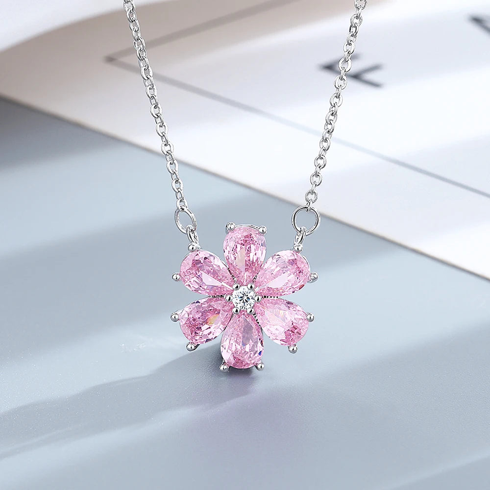 Fashion Wedding Ring for Women Pink Zircon Crystal Flower Pendant Bracelets Earrings Necklace Rings Fine Jewelry Sets FCGJHW