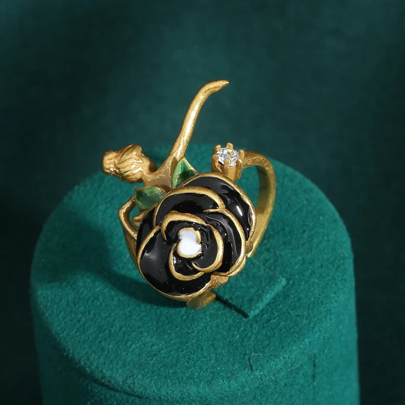 Vintage Elegant Large Flower Rings for Women Luxury Designer Colorful Rhinestones Rose Camellia Bee Antique Jewelry Wedding