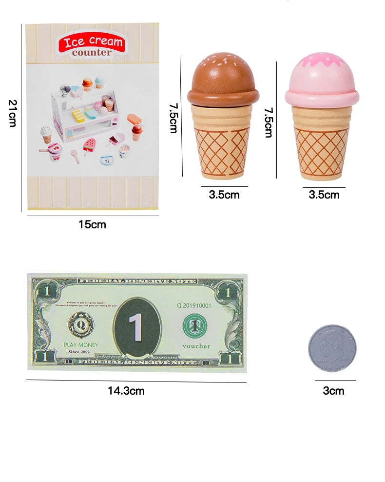 Wooden Ice Cream Toys for Toddler, Play Store Pretend Food Kitchen Accessories with Scoop & Menu & Toy Cash,Christmas Gift