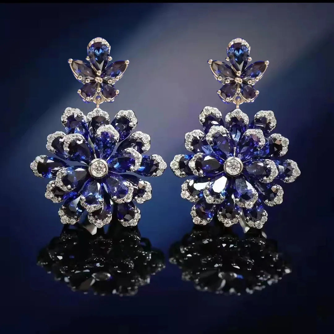 Foydjew New Flower-shaped Jewelry Sets Necklaces Luxury Royal Blue Pendant Earrings Simulated Emerald Color Treasure Rings
