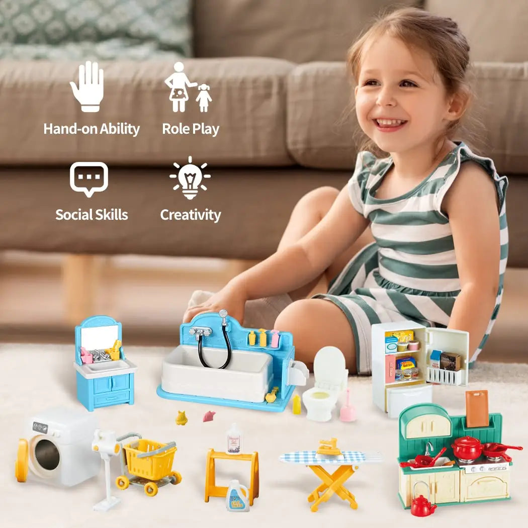 Doll House 1:12 Miniature Furniture Kitchen Toy Dining Table Dollhouse Accessories Montessori Bedroom Bathroom For Girl Gift