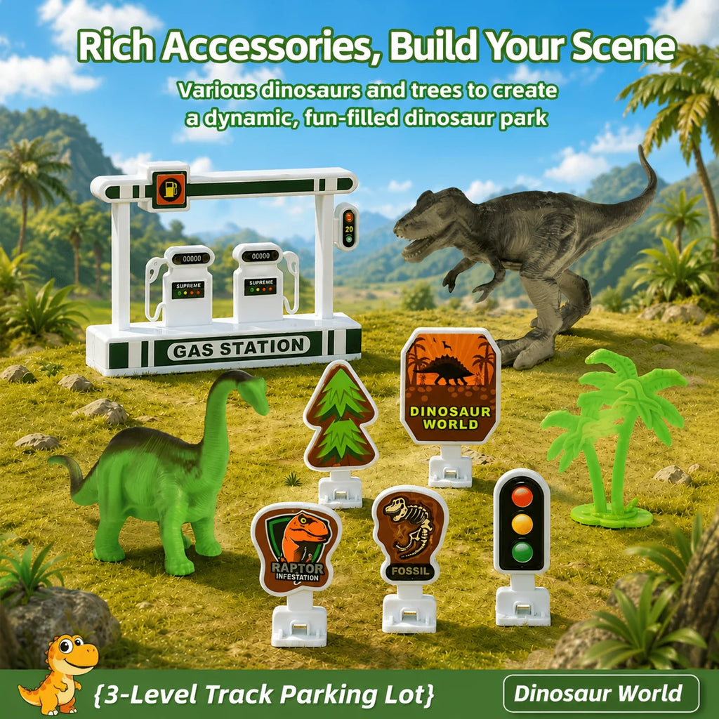 3-Layer Dinosaur Race Track Set with Cars, DIY Flexible Educational Construction Toy Gift for Kids Boys Birthday Christmas