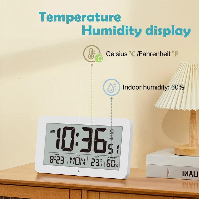 Large Digital Wall Clock with Temperature Humidity Calendar 8.5"Desk LCD Alarm Clock Backlight for Bedroom Office Living Room