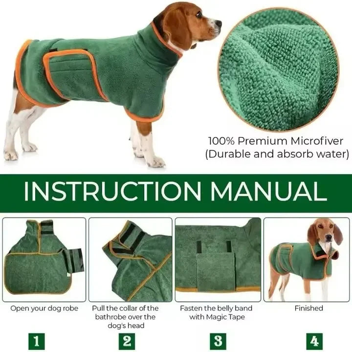 Fast Drying Dog Bathrobe, Microfiber Absorbent Soft Pet Bath Towel Grooming Coat for All Sizes