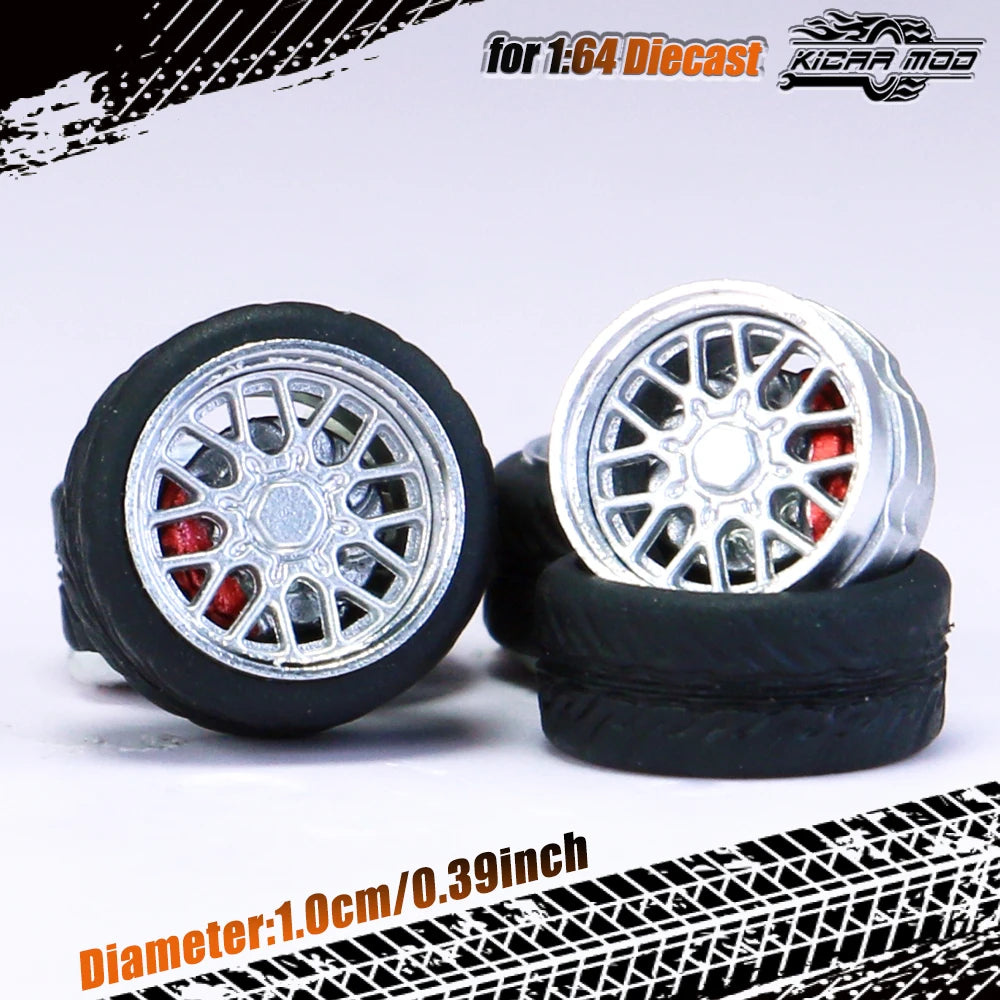 Kicarmod 1/64 Model Car ABS Wheels with Rubber Tire Brake Disc Metal Rims Diameter 10mm Refitting Parts For Model Car