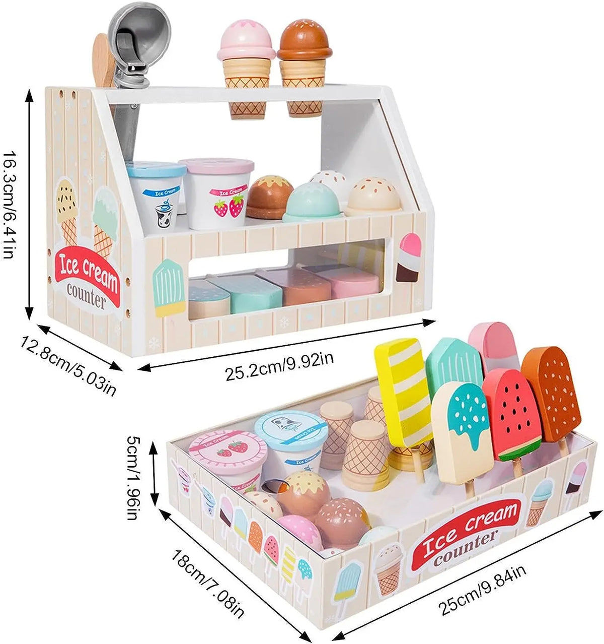 Wooden Ice Cream Toys for Toddler, Play Store Pretend Food Kitchen Accessories with Scoop & Menu & Toy Cash,Christmas Gift
