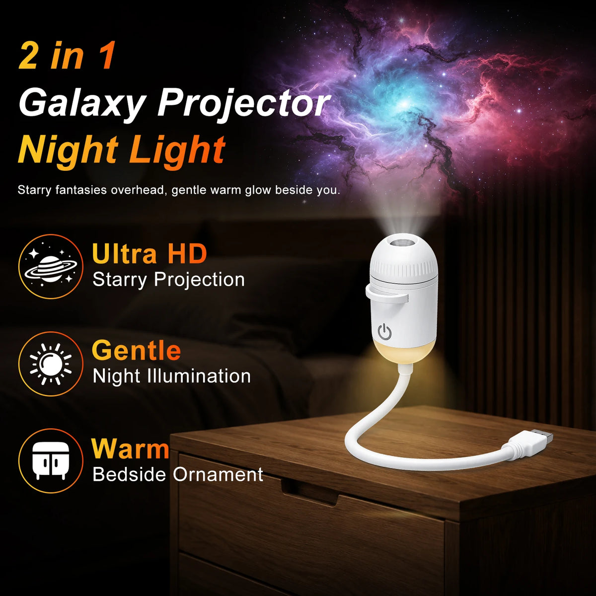 2-in-1 USB Ambient Light For Large Range Projection Atmosphere Multiple Scenes Adjustable Focus Distance Night Lighting Function