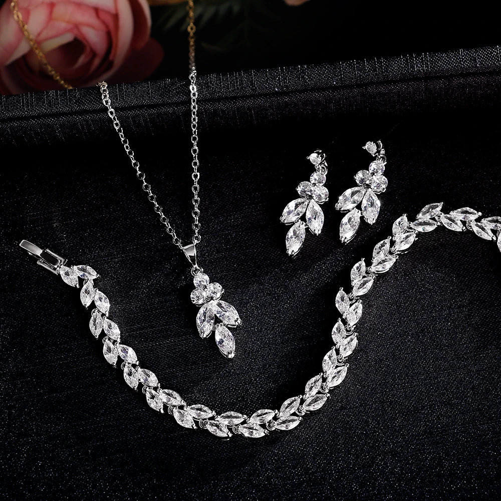 ZAKOL Luxury Brilliant Zirconia Leaf Necklace Earrings Rings Bracelets Set for Women CZ Drop Bridal Wedding Jewelry Sets New