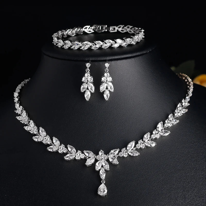 ZAKOL Luxury Brilliant Zirconia Leaf Necklace Earrings Rings Bracelets Set for Women CZ Drop Bridal Wedding Jewelry Sets New