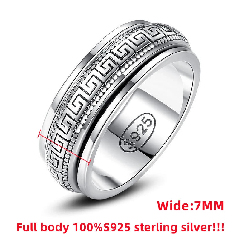 Factory Price S925 Sterling Silver Movable Great Wall Pattern Ring Men Women Real Silver Double-layer Rotatable Rings Jewelry