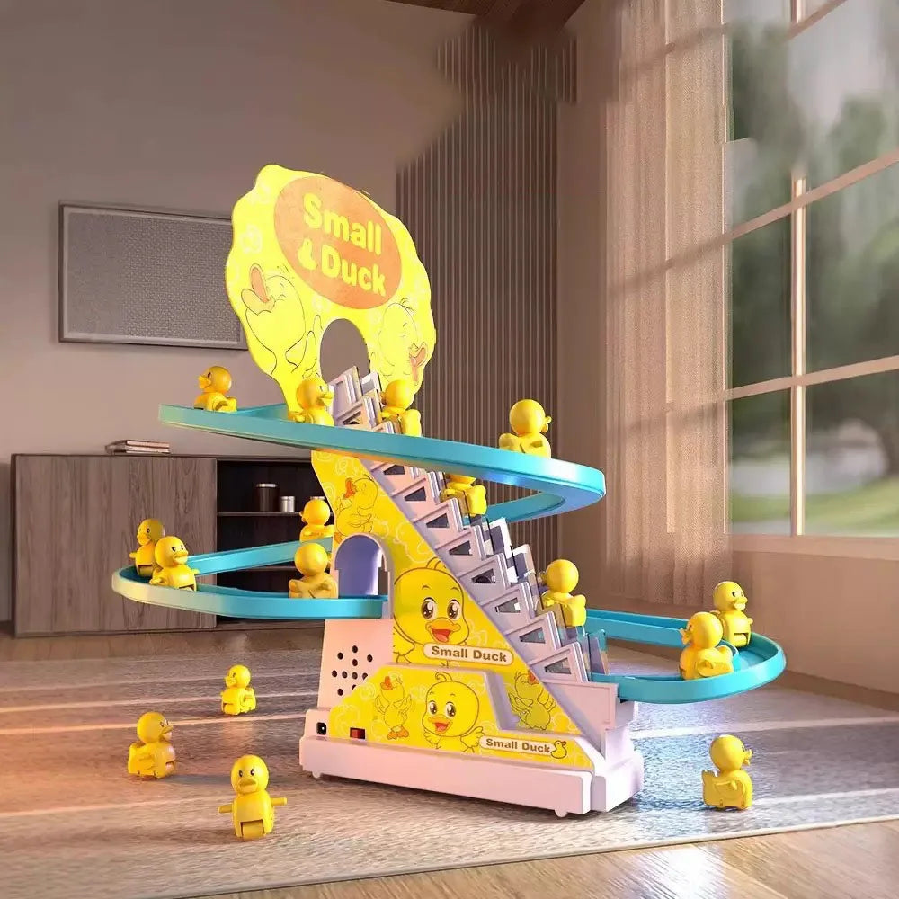 Climbing Stairs Track Toys Electric Duck DIY Rail Racing Track Roller Coaster Toys Set Light Music Educational Toy For Kids Gift